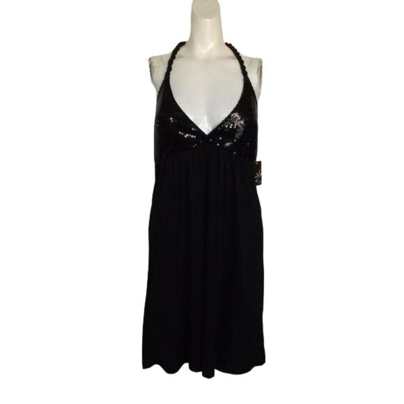 new MON AMIE Evening Dress, L, Black Jersey, Sequined Bust, Open back, Twisted - Picture 9 of 12